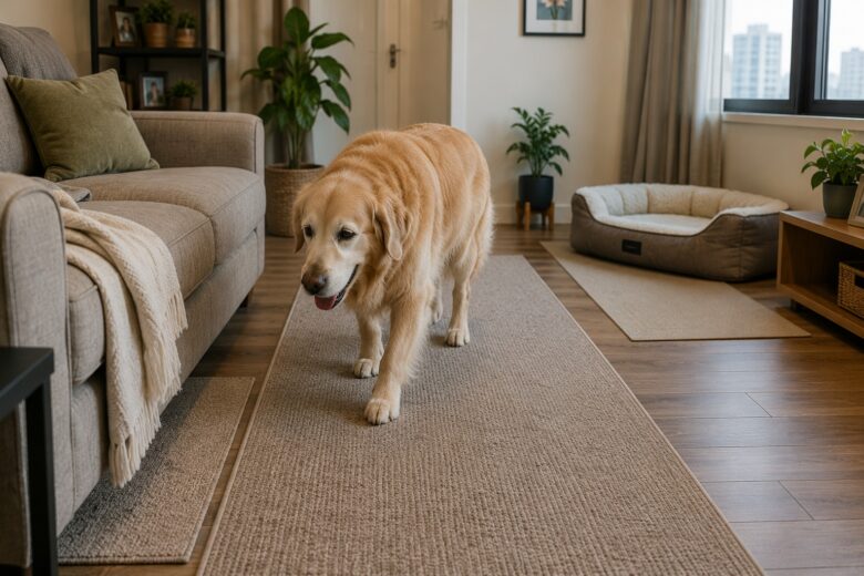 Golden Retriever idoso caminhando com segurança entre sofá e cama