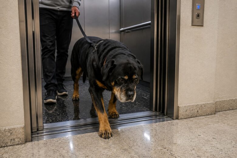Rottweiler idoso entrando com cuidado em elevador com piso escorregadio