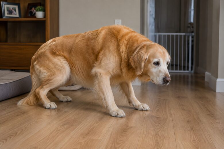 Golden Retriever idoso se levantando com cuidado sobre piso laminado