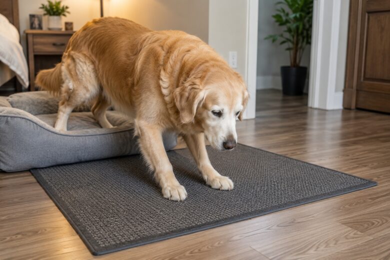 Golden Retriever idoso saindo da cama sobre tapete antiderrapante no piso laminado.