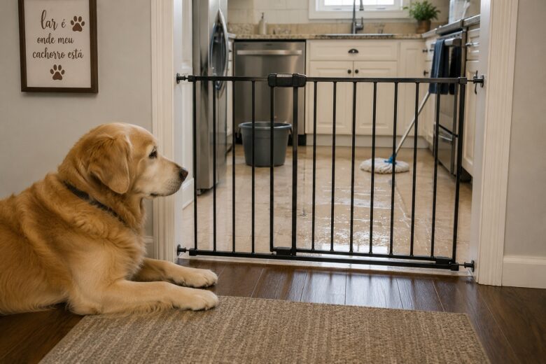 Cachorro grande idoso atrás de portão de segurança enquanto o piso da cozinha está molhado