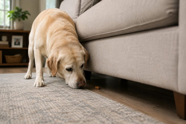 Labrador idoso procurando petisco atrás do sofá sem precisar correr