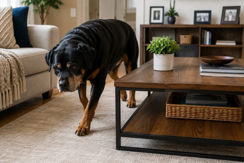 Rottweiler idoso contornando mesa de centro na sala