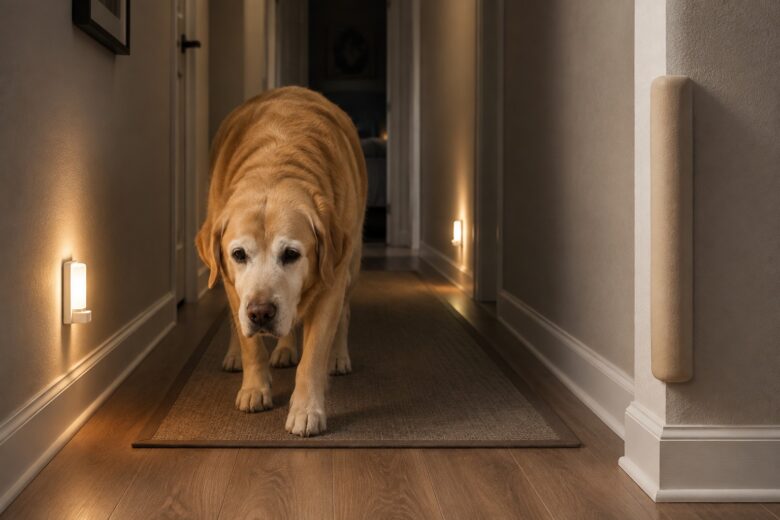 Cachorro idoso de grande porte caminhando à noite por corredor estreito com luz de presença