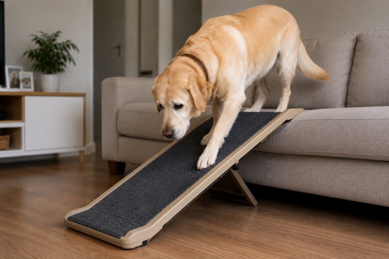 Labrador idoso aprendendo a usar rampa antiderrapante entre piso laminado e sofá baixo
