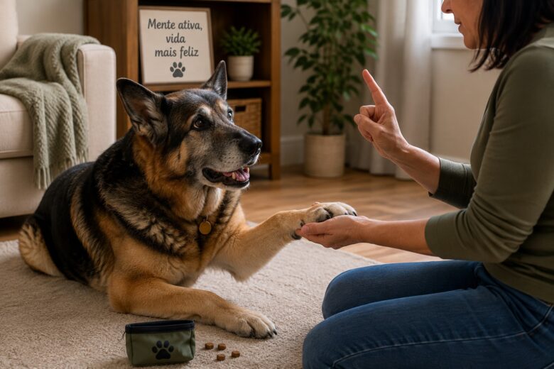 Cachorro idoso praticando comandos simples com o tutor para estimular a mente