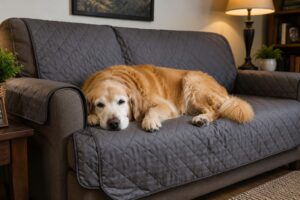Cachorro idoso de raça grande descansando em sofá com capa impermeável.