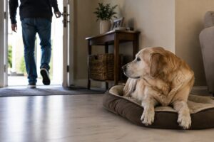 Cachorro idoso permanece em casa enquanto o tutor sai pela porta