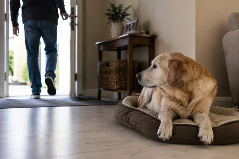 Cachorro idoso permanece em casa enquanto o tutor sai pela porta