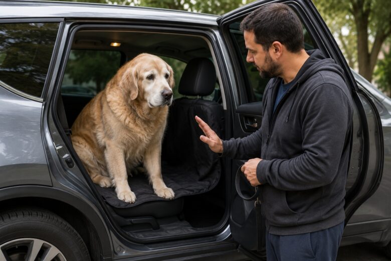 Cachorro idoso de raça grande esperando para descer do carro com orientação do tutor