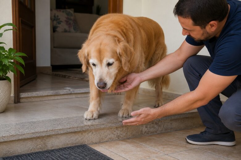 Golden Retriever idoso recebendo ajuda do tutor para subir um pequeno degrau com segurança.