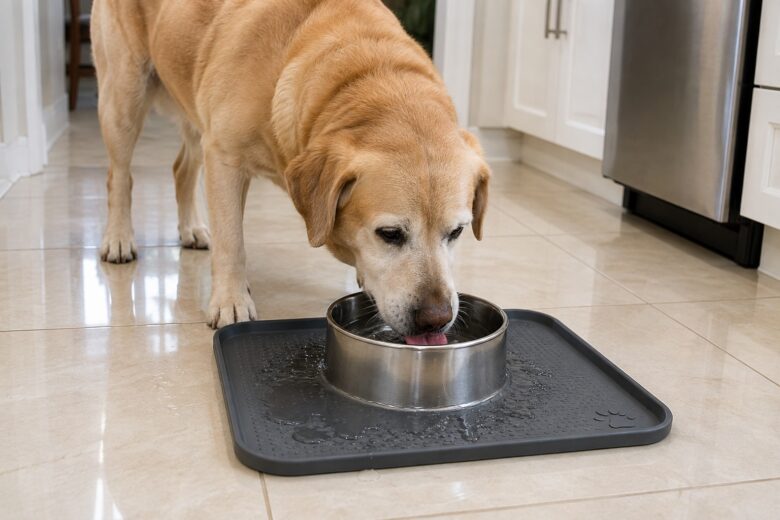 Labrador idoso bebendo água em bebedouro sobre bandeja antiderrapante no porcelanato