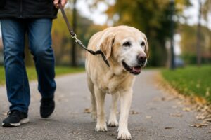 Labrador idoso caminhando devagar com guia ao lado do tutor durante passeio ao ar livre.