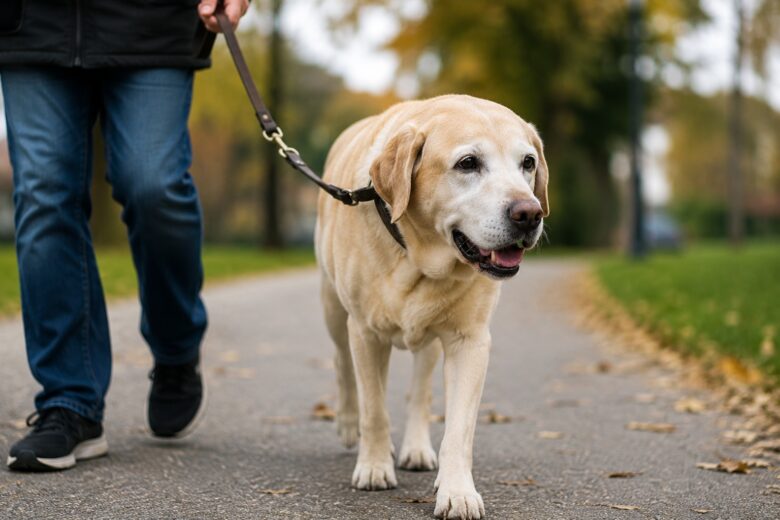 Labrador idoso caminhando devagar com guia ao lado do tutor durante passeio ao ar livre.