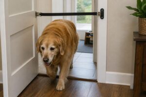 Cachorro idoso de grande porte passando por porta mantida entreaberta com limitador