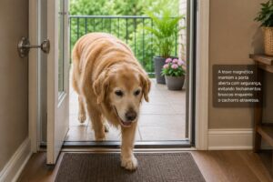 Cachorro idoso de grande porte atravessando porta de varanda mantida aberta com trava magnética